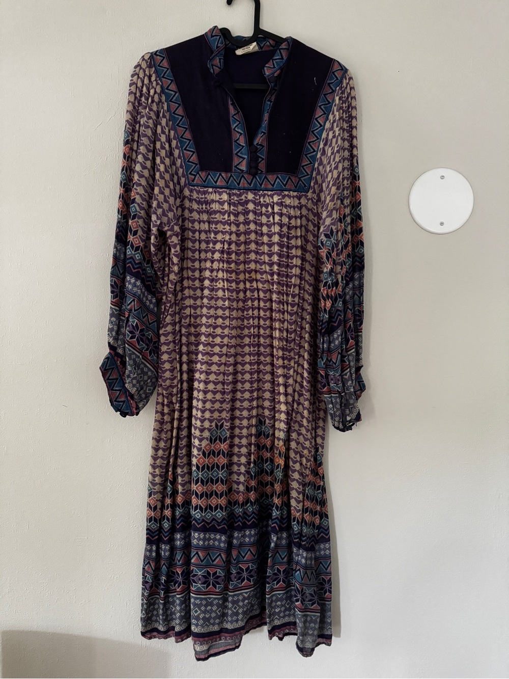 Vintage 1960s Purple Patterned Dress with Geometric Yoke